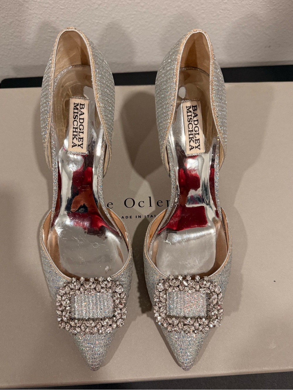 Badgley Mischka Silver Crystal Buckle Pointed-Toe Pumps Size 9